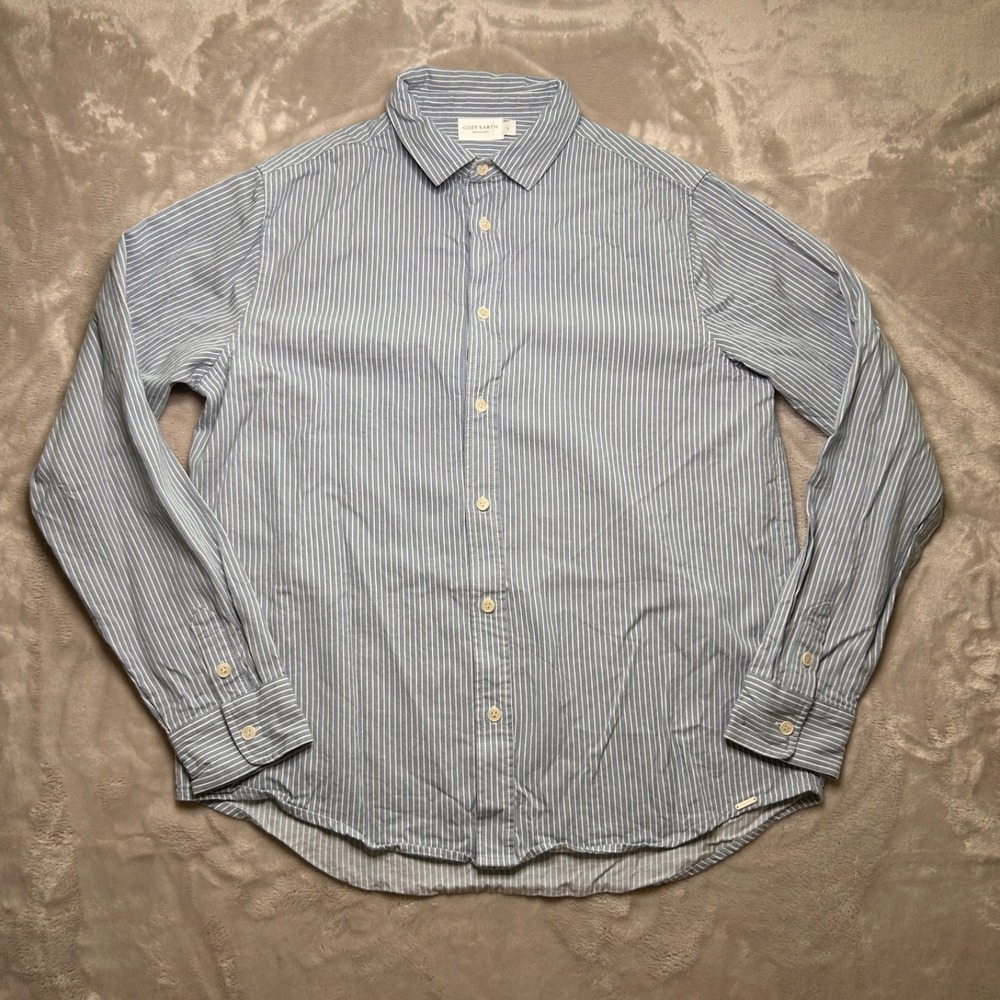 Cozy Earth Button Up Shirt Mens L Blue Striped Linen Blend Coastal Preppy